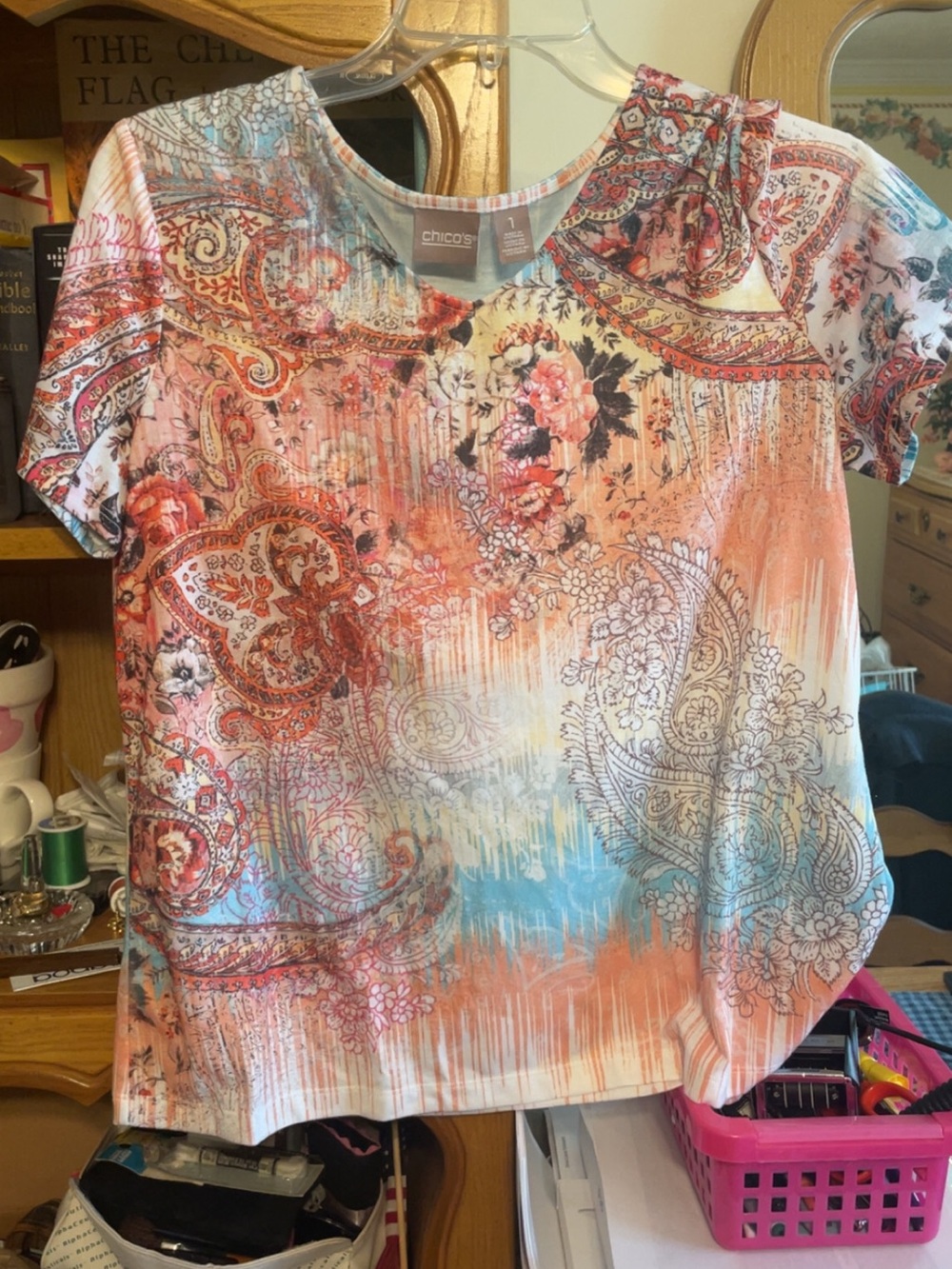 Chico's Coral Multi Paisley & Floral Short Sleeve Tee